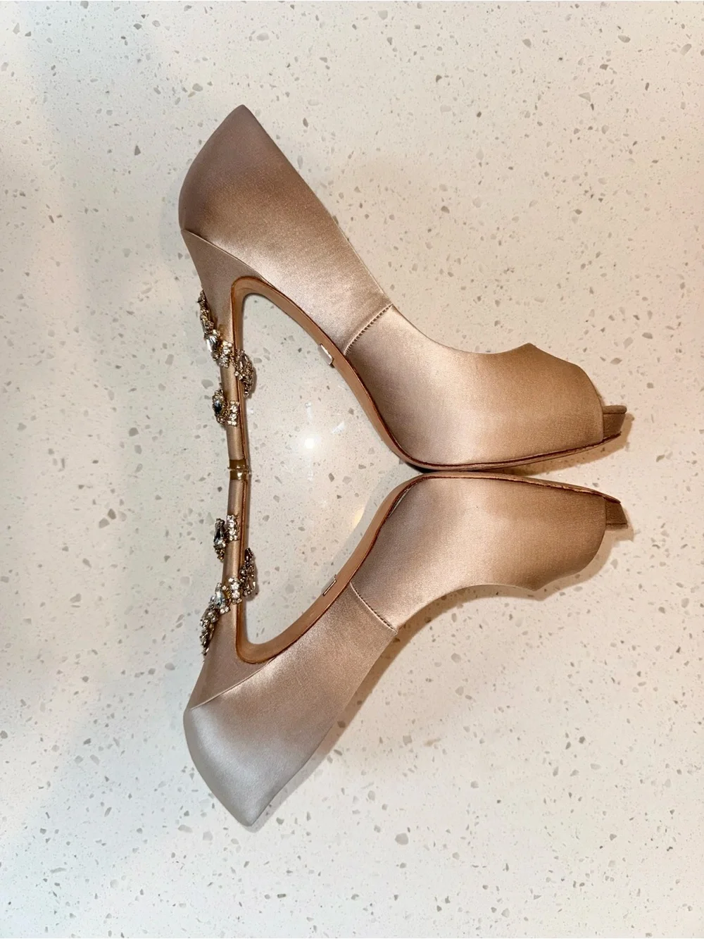 Badgley Mischka Rose Gold Satin Peep-Toe Heels with Crystal Brooches